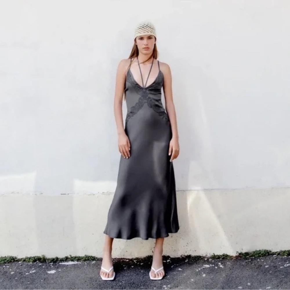 ZARA Grey Embroidered Midi Slip Dress